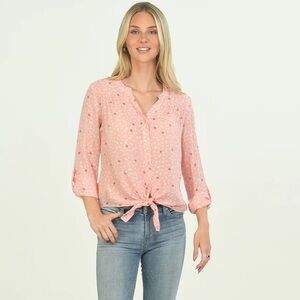 Hope & Harlow Womens Heart Print Top Size 2X Pink Long Roll Tab Sleeve Office